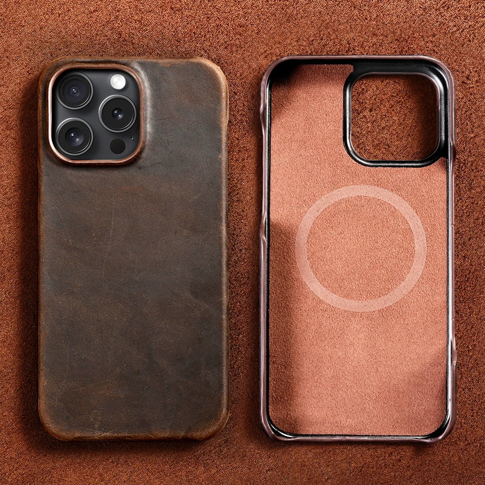 for Magsafe Case for iPhone 17 Air 16 15 Pro Max Retro Luxury Full Grain Cowhide Genuine Oiled PULL-UP Leather Magnetic Cover