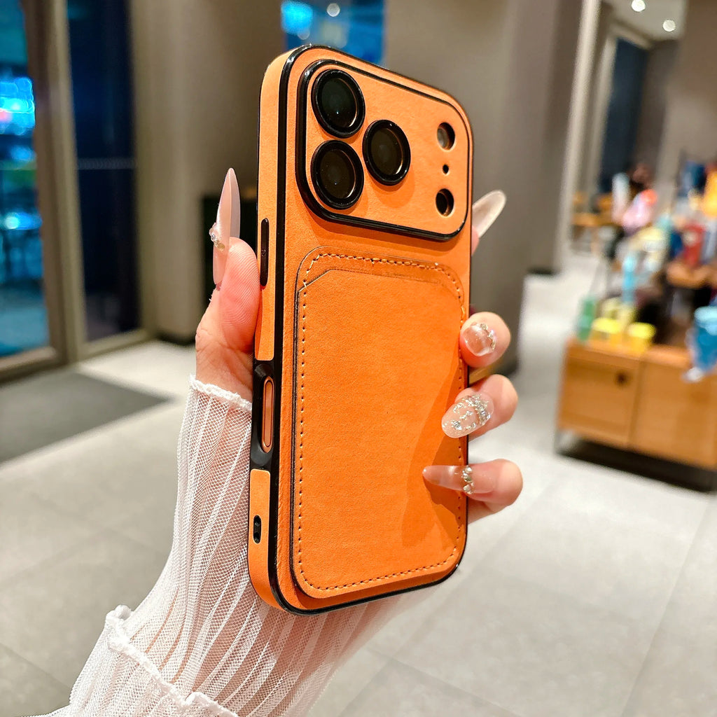 Shockproof Suede Leather Card Holder Case For iPhone 17 Pro Max 16 15 14 Plus 13, Slim Window View Camera Protection Phone Cover