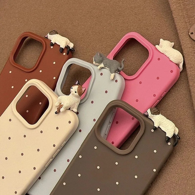 Cute 3D Cat Decorative Polka Dot Phone Case For iPhone 16 15 14 13 12 11 Pro Max 15 16 Plus Shockproof Bumper Silicone Cover