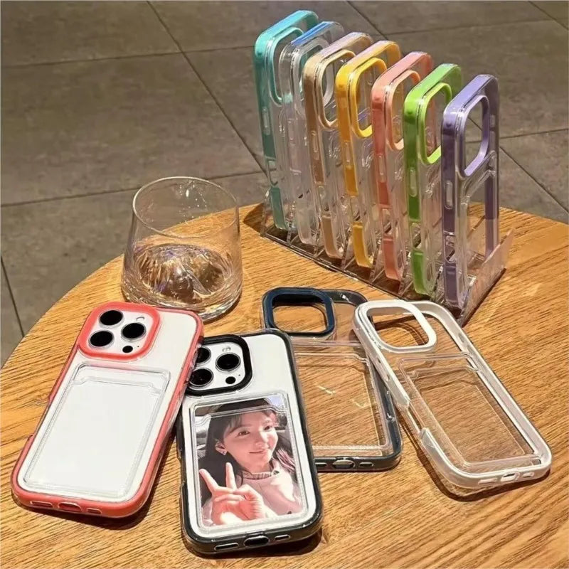 2in1 Card Holder Slot Wallet Photo Pocket Clear Case For iPhone 16 15 14 Plus 13 12 11 Pro Max X XR XS TPU+PC Shockproof Cover