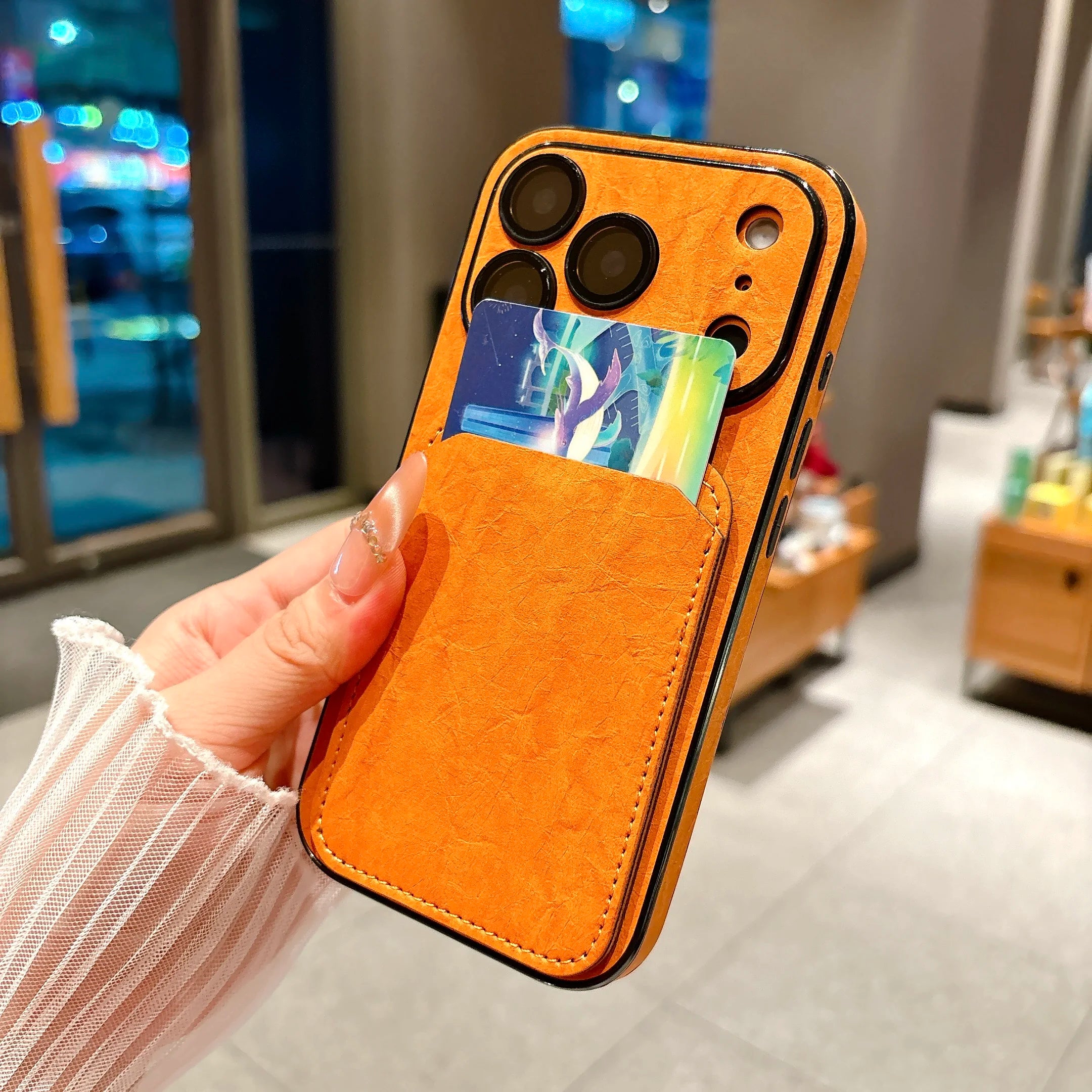 Shockproof Uneven Leather Card Holder Case For iPhone 17 Pro Max 16 15 14 13, Slim Window View Built-in Camera Protection Cover