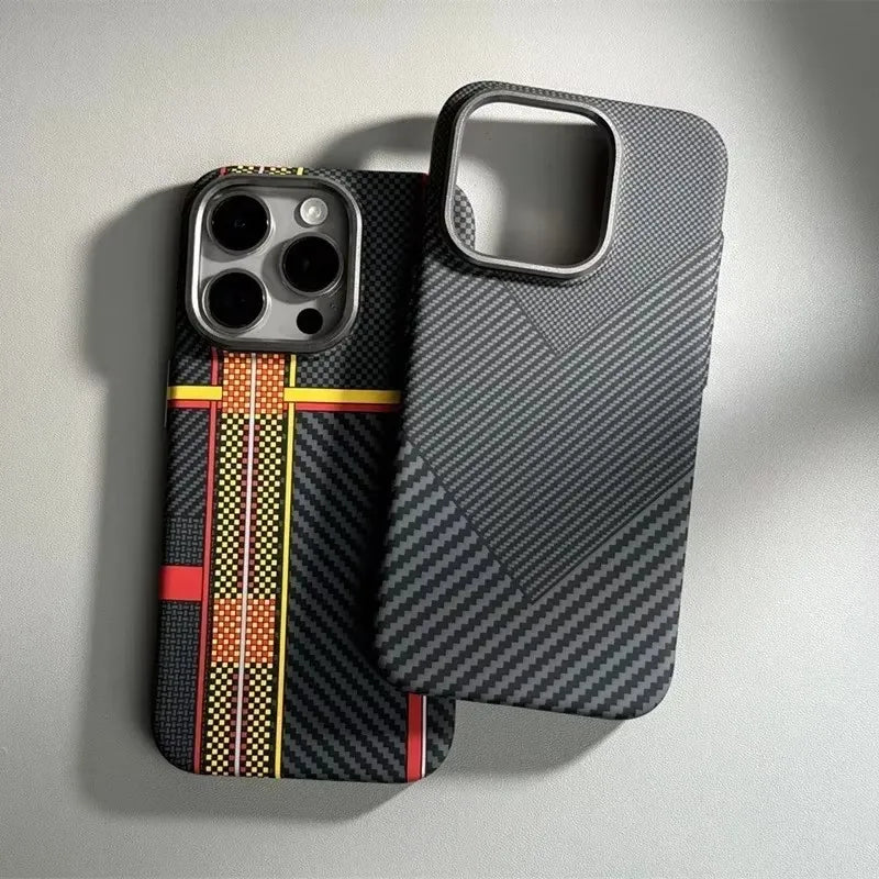 For iPhone 16 Pro 15 14 13 Pro Max Case Carbon Fiber Geometric MagSafe Cover Magnetic Charging Shell Camera Alloy Armor Fundas