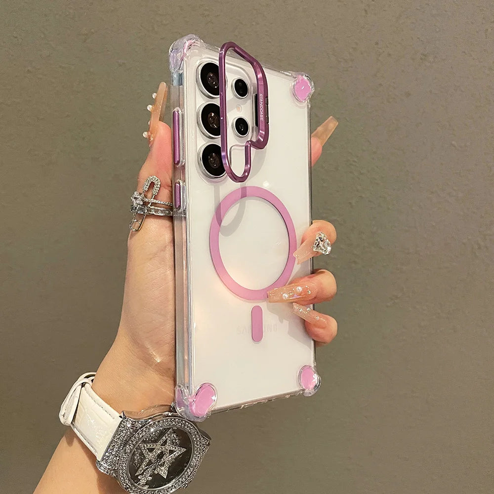 Camera Lens Flip Bracket Stand Case For Samsung Galaxy S23 S24 S25 S22 Ultra Plus FE A56 A36 A26 A16 A17 Magnetic Acrylic Cover