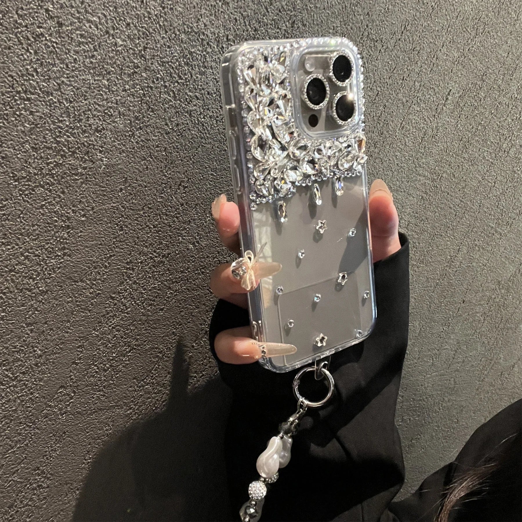 Ins Luxury Senior 3D Half Screen Rhinestones Transparent Clear Phone Case for iPhone 17 16 15 14 Pro Max Shockproof Back Cover