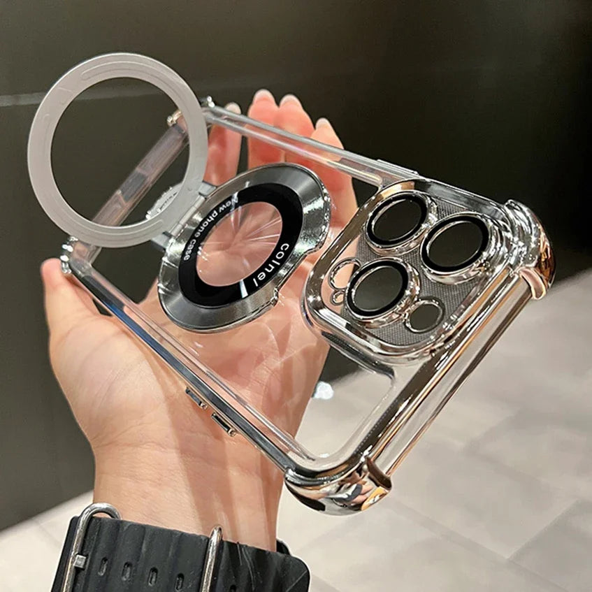 Luxury Plating Shockproof Magnetic Bracket For Magsafe Clear Case For iPhone 17 16 15 14 13 12 Pro Max With Holder Stand Cover