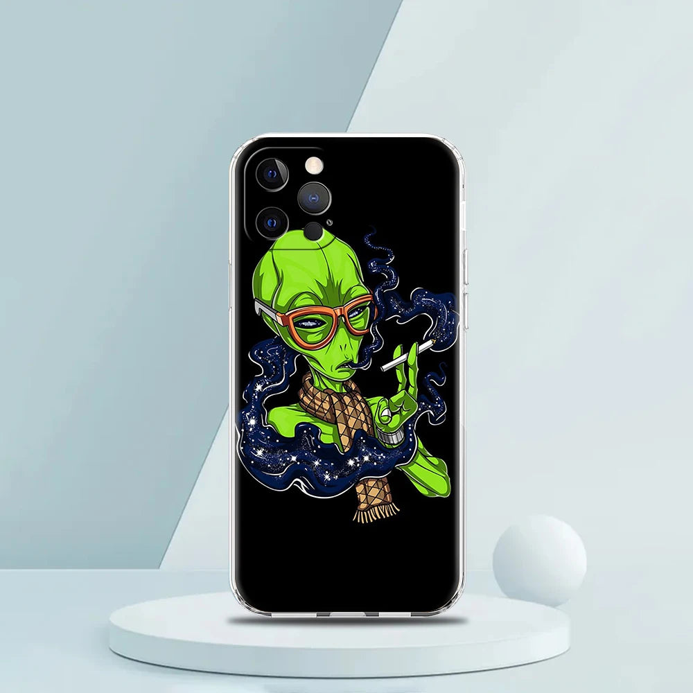 Cartoon Alien Cute Case for iPhone 16 15 14 13 12 Pro Max Cover Transparent Soft for iPhone 11 Pro Max 7 8 Plus XS XR Bags Capas