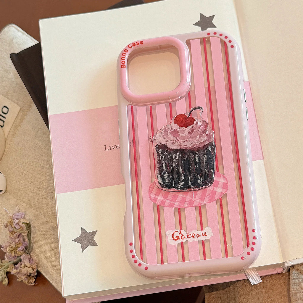 Korean Striped 3D Cartoon Dessert Cake Phone Case for iPhone 17 16 15 14 13 12 11 Pro Max XS XR Acrylic Shockproof Hard Cover