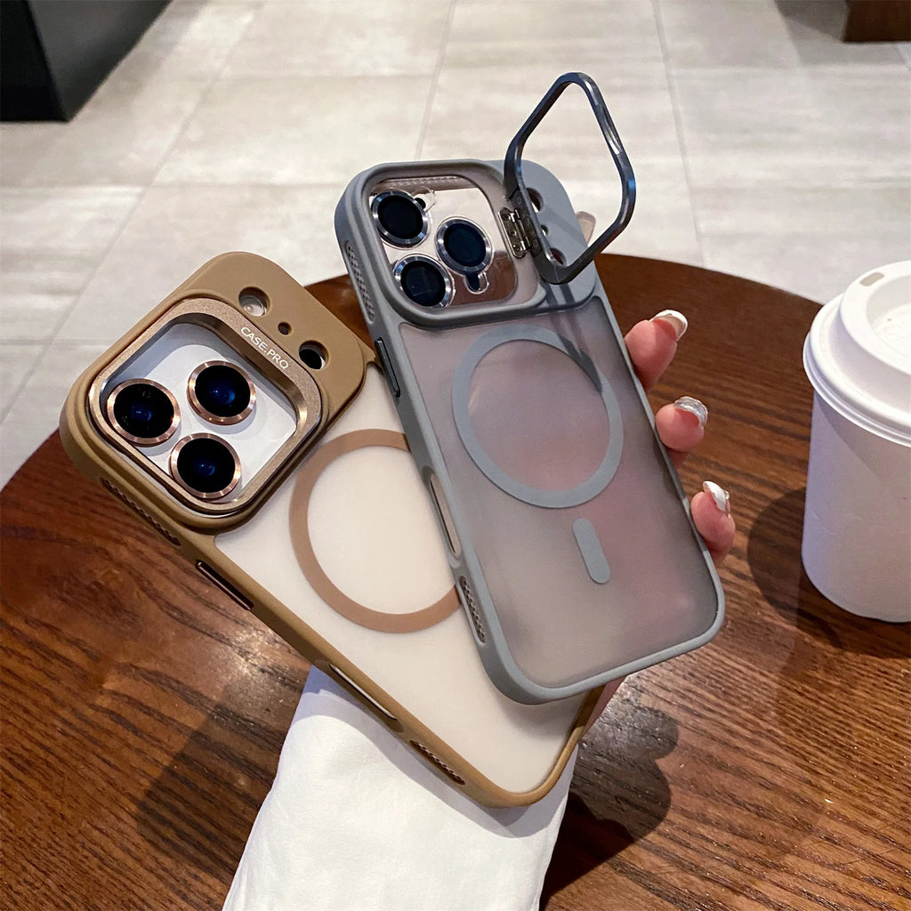 Luxury Matte Magsafe Magnetic With Lens film bracket Phone Case For iPhone 11 12 13 14 15 16 17 Air ProMax Hard PC Bumper Cover