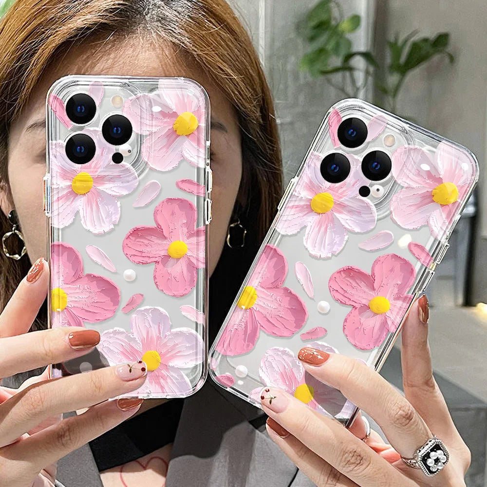 Pink Peach Flower For iPhone 17 16 11 15 12 13 14 Pro Max Case 17 Air 17pro Max iPhone11 iPhone17 Clear Back Cover Bumper Funda