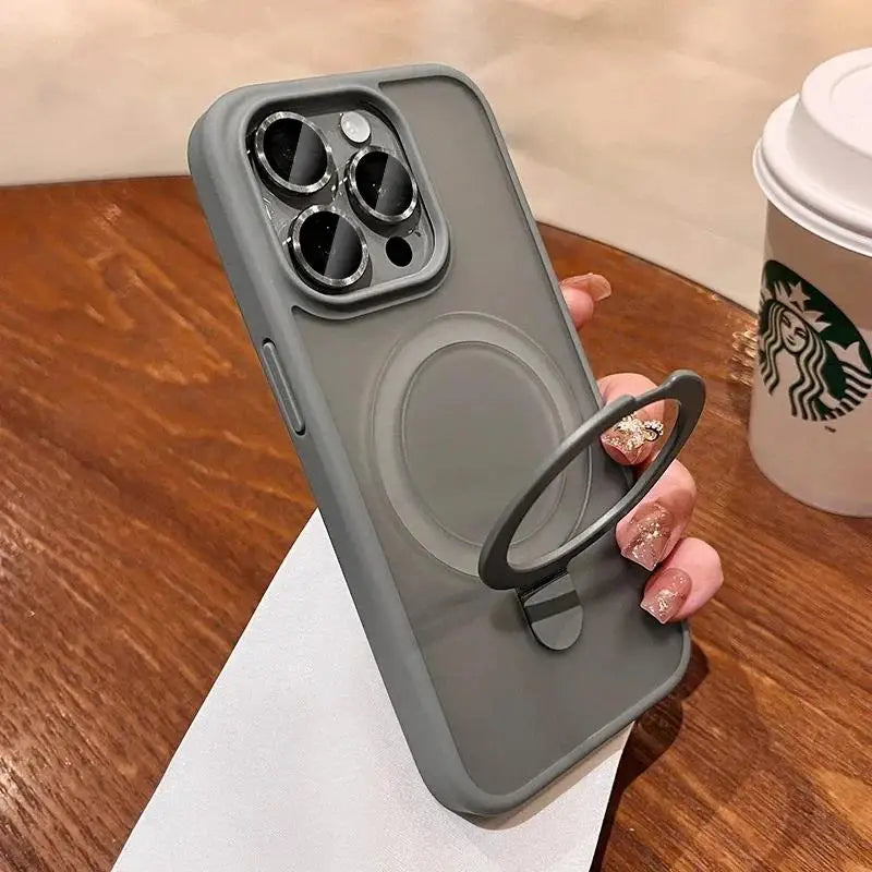Matte Ring Holder Glass Lens Phone Case For iPhone 16 17 15 14 13 12 11 Pro Max For Magsafe Wireless Magnetic Hard Bumper Cover