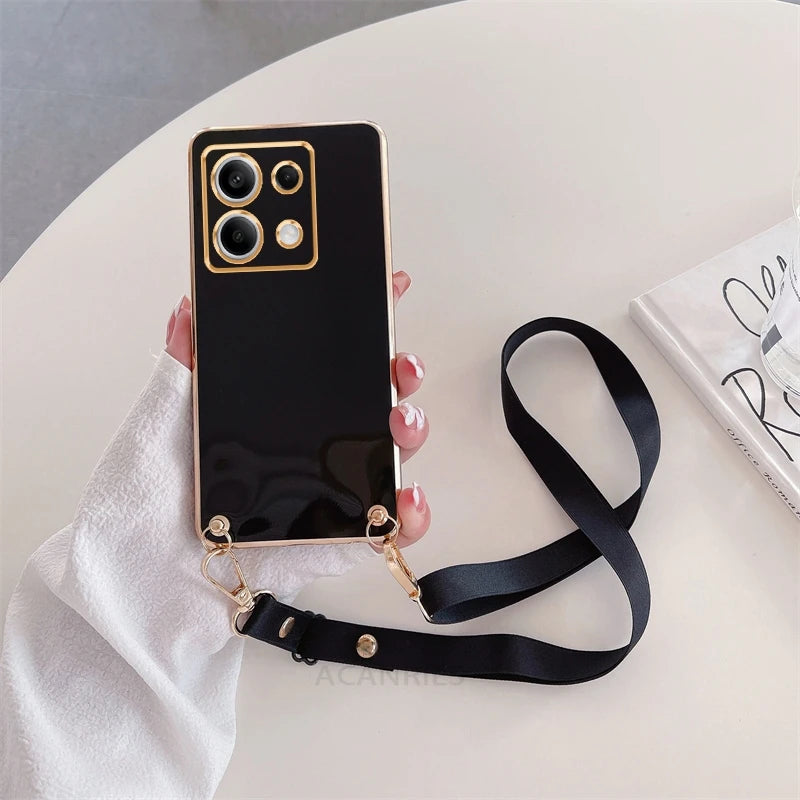 Redmi13 Note13 13pro Crossbody Lanyard Plating Case On For Xiaomi Redmi Note 13 12 Pro Plus 4g 5G Cord Soft Silicone Back Cover