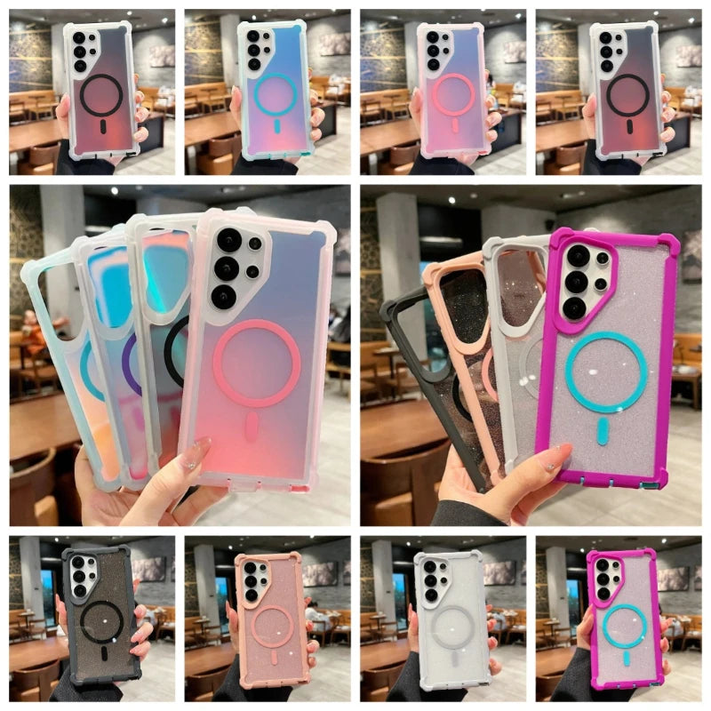 Gradient Laser Armor Airbag Anti-fall for MagSafe Case for Samsung S26 Ultra S25 S24 Plus Wireless Charge Ott-Box Clear Cover