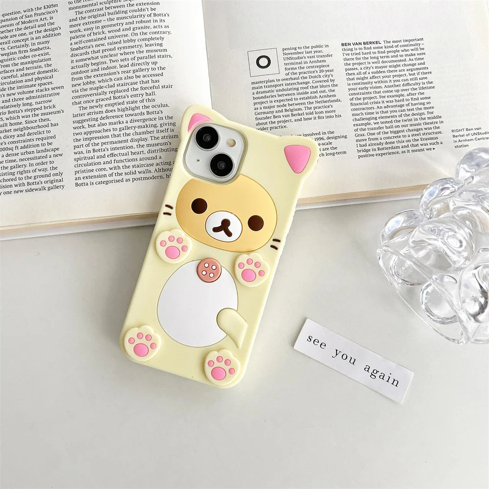 Cute Cartoon 3D Rilakkuma Phone Case For iPhone 17 16 15 14 13 12 11 Pro X XS Max XR 6 7 8 Plus 5 5S SE Key Chain Pendant Cover
