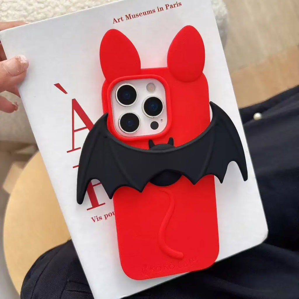 Cute 3D Cartoon Red Bat Case For iPhone 17 16 15 14 13 12 Pro Max 17ProMax With Wing Stand Holder Anti Fall Silicone Cover
