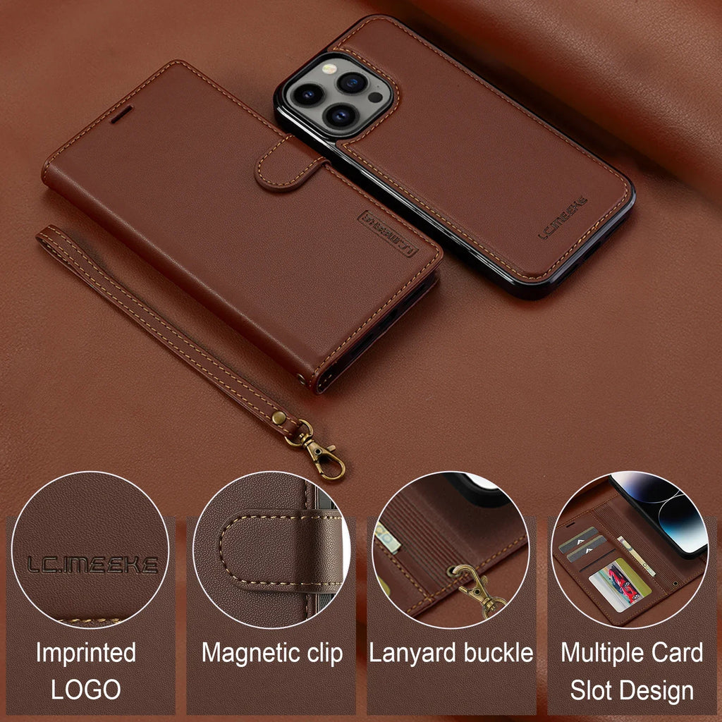 2 in 1 Removable Flip Leather Case For iPhone 17 Air 16 Pro Max 15 14 13 12 11 Pro XS Max XR 7 8 Plus SE Magnetic Wallet Cover