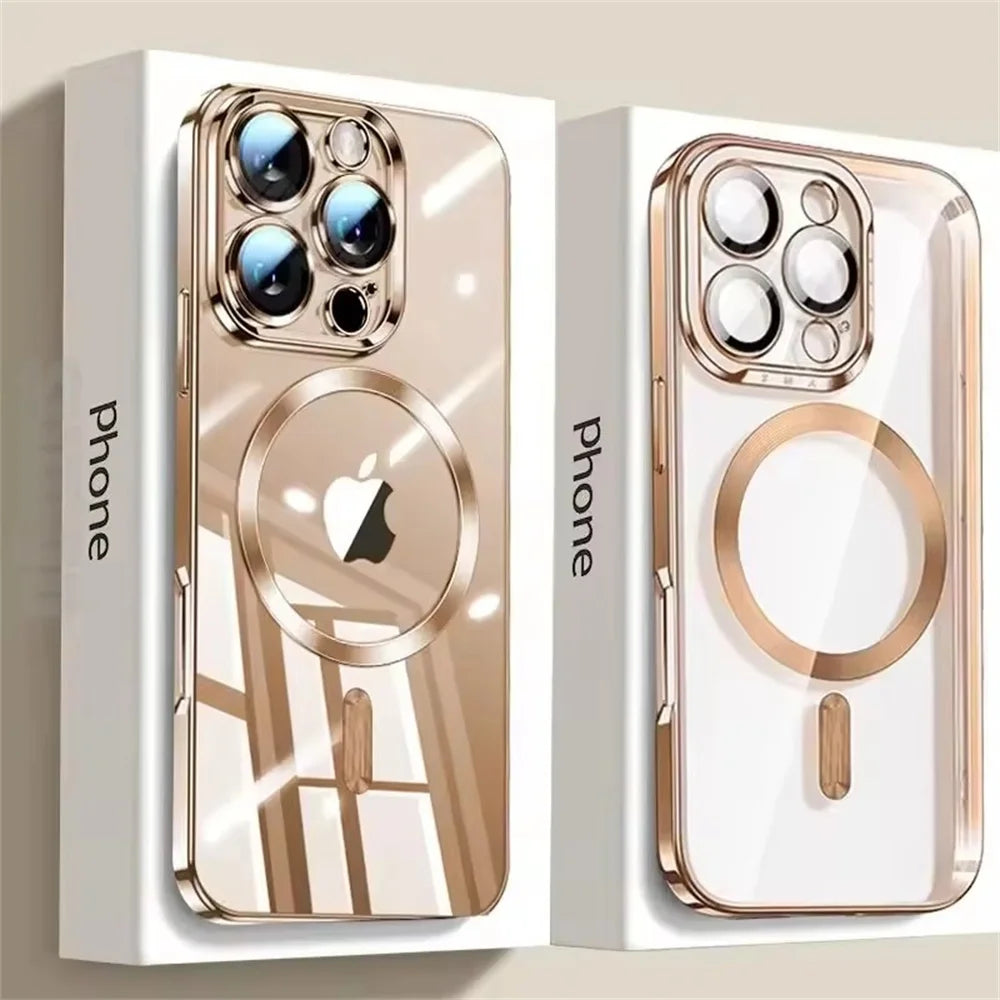 Luxury Plating Clear Magnetic Case For iPhone 17 16 15 12 13 14 Pro Max Plus For Magsafe Wireless Charger Shockproof Phone Cover