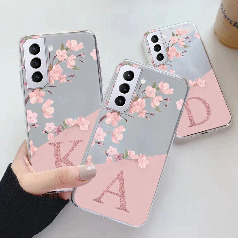 For Samsung Galaxy S21 S23 FE Plus Ultra Phone Case Soft Slim Luxury A-Z Letters Back Cover Funda Clear Bumper Transparent Shell