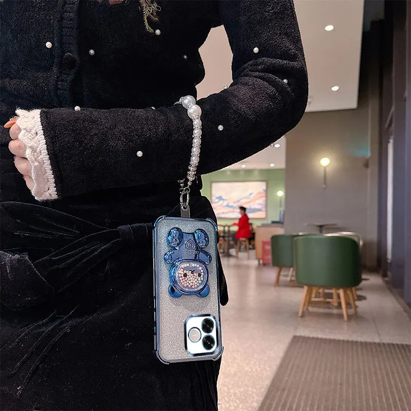 Cute Bear Cartoon Holder Pearl Lanyard Strap Shockproof Glitter Phone Case For Huawei Honor 600 Lite 600e 600lite 5G Back Cover