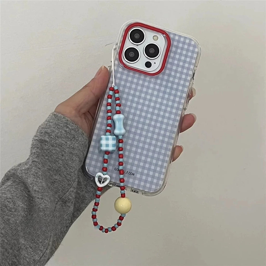 Fashion Checkered Grid Beads Bracelet Case for iPhone 17 16 Pro Max 15 14 Plus Wrist Chain Color Collision Shockproof Cover