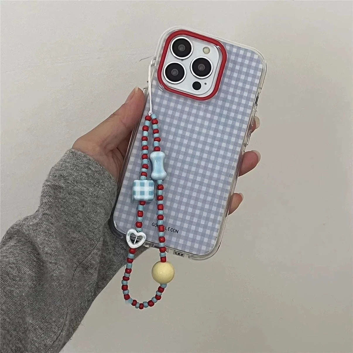 Fashion Checkered Grid Beads Bracelet Case for iPhone 17 16 Pro Max 15 14 Plus Wrist Chain Color Collision Shockproof Cover