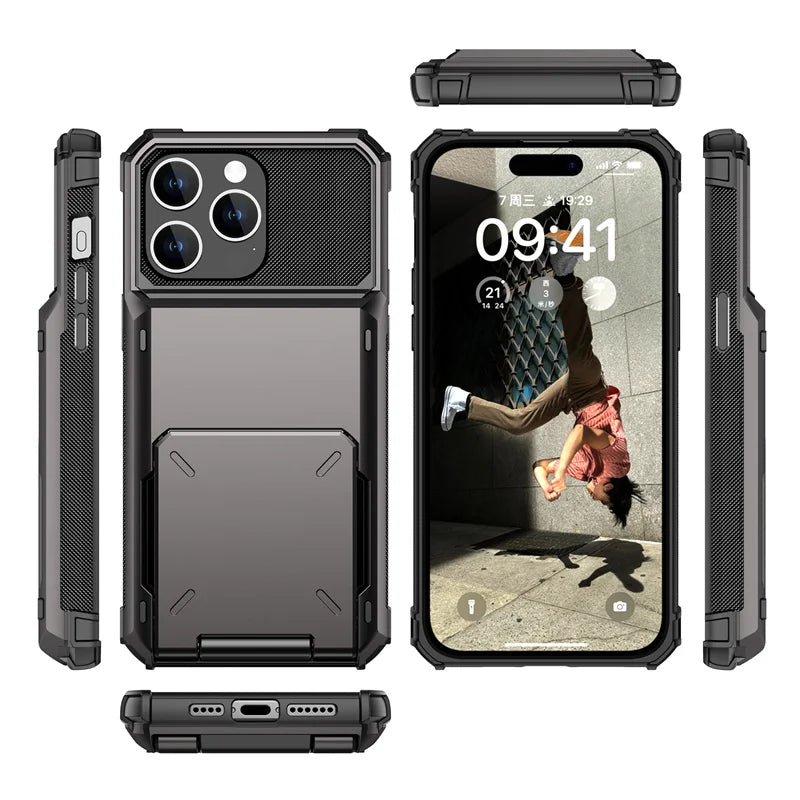 Wallet Credit Flip Card Slot Phone Case For iPhone 15 14 13 12 11 Pro Max Mini X XR XS 7 8 Plus Armor TPU Shockproof Back Cover