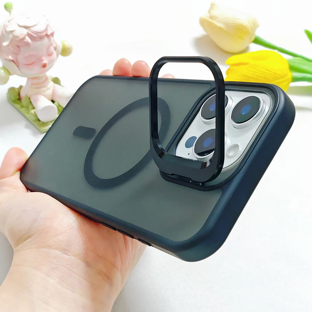 Metal Camera Folding Stand Magnetic Matte Cover For iPhone 16 13 12 Mini 11 14 15 Pro Max 16 Plus Translucent For Magsafe Case