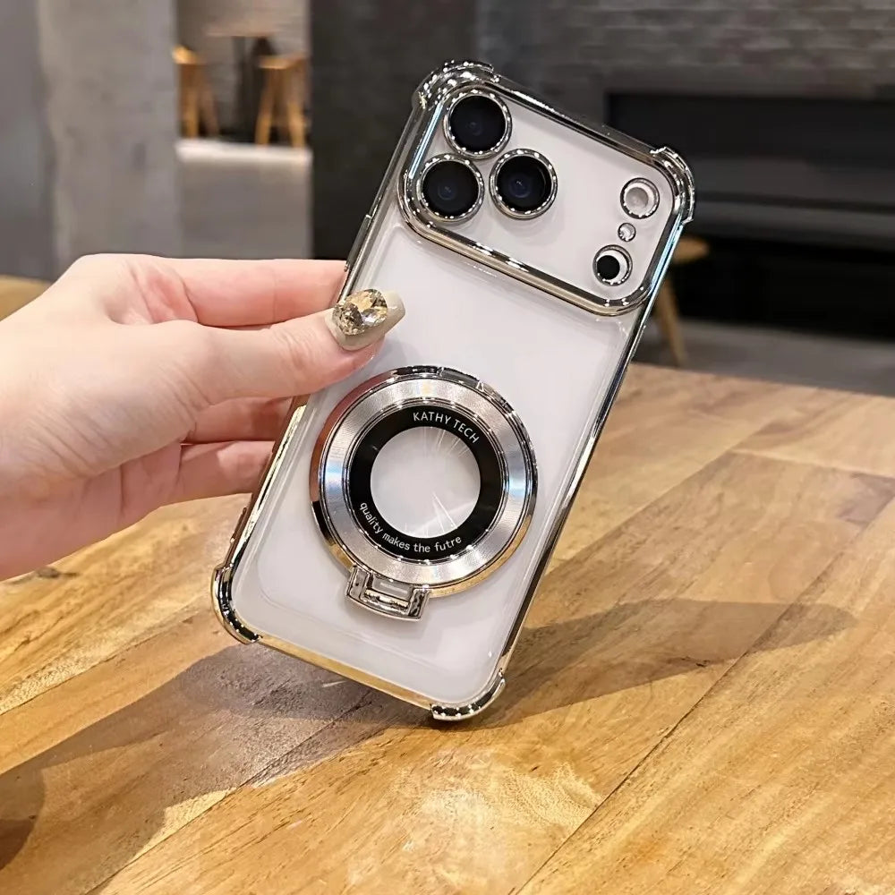 Luxury Plating Magnetic Bracket Phone Case For iPhone 17 Air 16 15 14 Plus 13 12 11 Pro Max Shockproof Holder Stand Back Cover