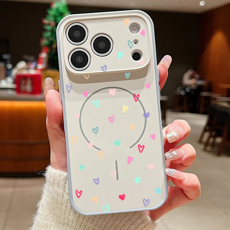 Colorful Heart Print Magnetic Phone Case For iPhone 17 Pro Max 16 15 14 13 Pro Max For Magsafe Wireless Charge TPU Hard PC Cover