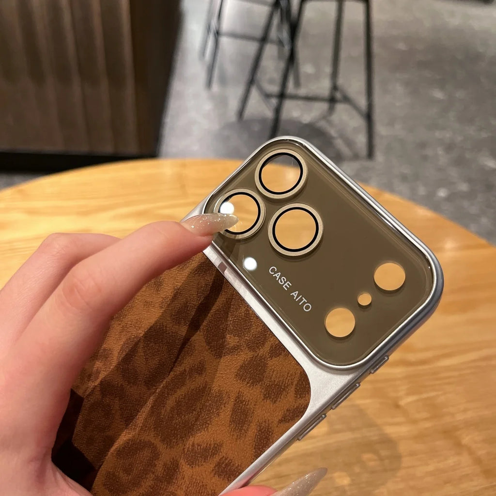 Matte PU Leather Leopard Print Phone Case For iPhone 17 16 15 14 Pro Max 13 Shockproof Bumper Large Window Fashion NonSlip Cover