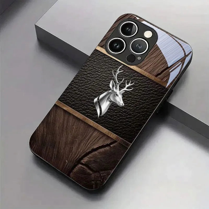Curved Deer Head Pattern Tempered Glass Black Phone Case For Samsung Galaxy S25 S24 S23 Ultra Plus FE Shockproof Cover