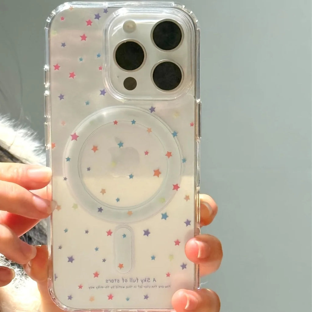 Colored stars, transparent magnet case for iPhone17 16, 15 14 13 12 11 Pro Max Plus