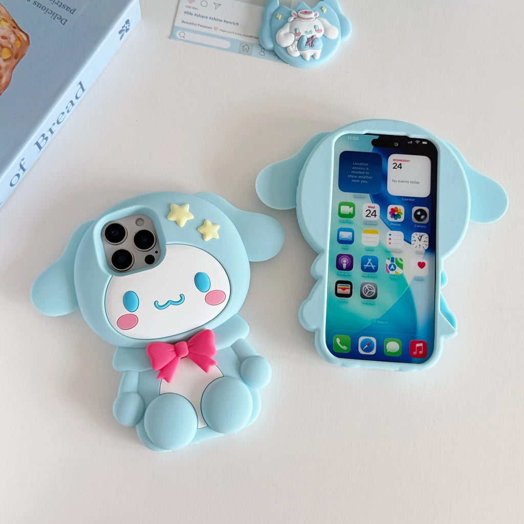 Cute 3D Cartoon Cinnamoroll Silicone Phone Case For iPhone 17E 17 16 15 14 13 Pro Max Plus INS Shockproof Leg Holder Back Cover