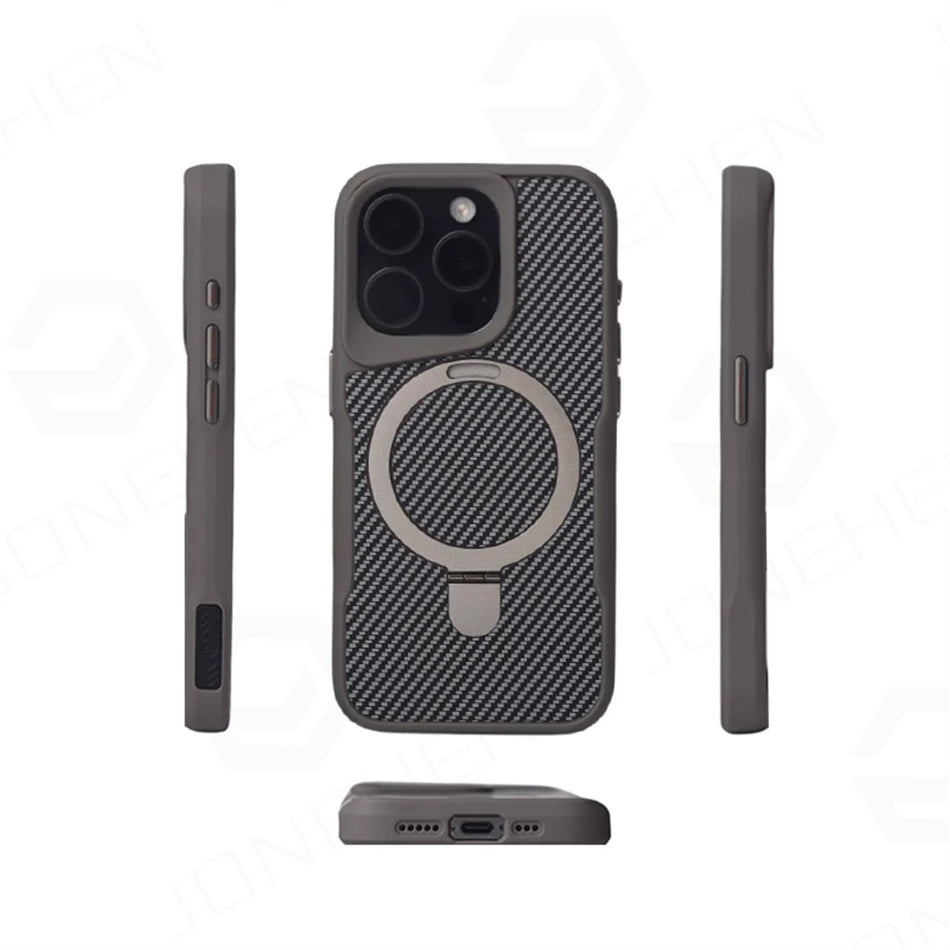 Luxury For Magsafe Shockproof Frame Armor Case For iPhone 13 15 12 14 16 17 Pro Max Metal Bracket Carbon Fiber Pattern Cover