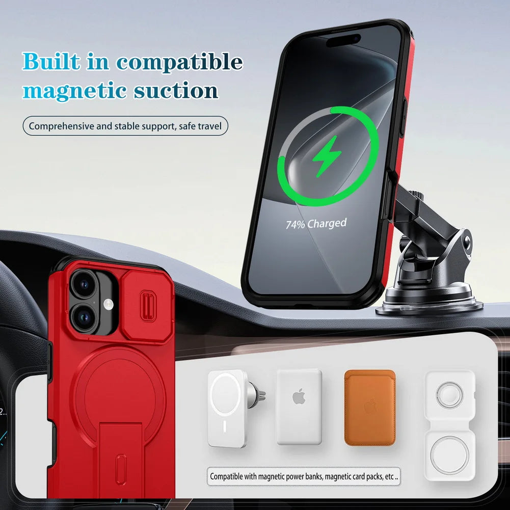 Magnetic Kickstand Heavy Duty Case For iPhone 17e 17 16e 16 Pro Max 15 + 14 13 12 11 pro Sliding Camera Lens Protector Cover