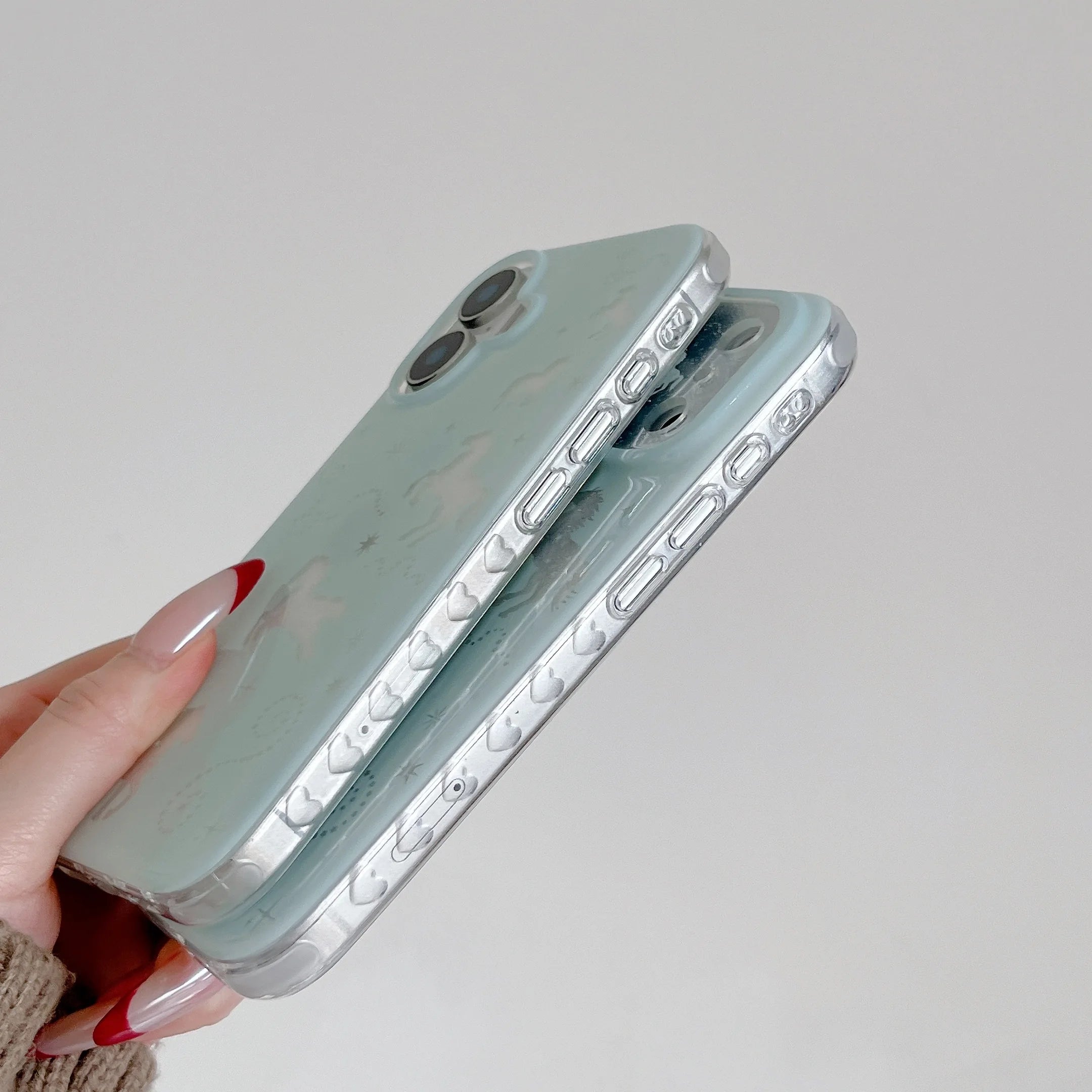 Glittery Mint Shimmering White Pony & Star Print Shockproof Phone Case for iPhone 17 16 15 14 11 12 13 Pro Max Plus Back Cover