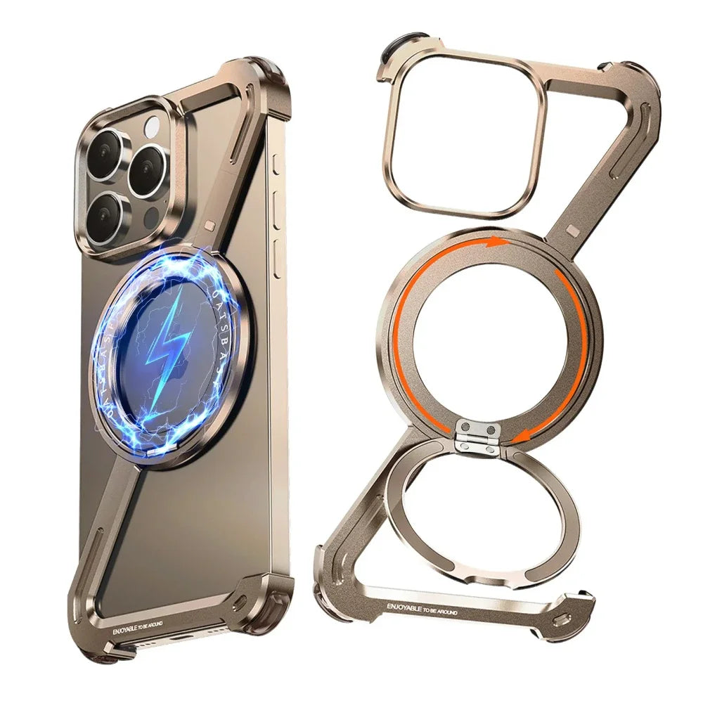 Z Case aluminum Metal for iPhone 16 15 14 Pro Max Frameless with Magsafe Kickstand 360° Magnetic Stand Minimalist Shock Shells