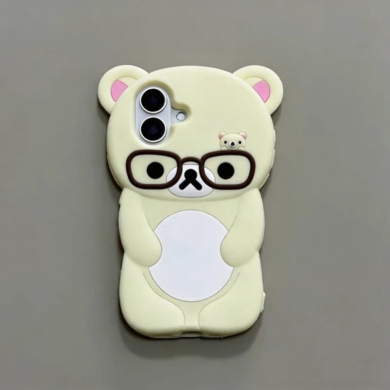 Lovely 3D Cartoon Glasses Bear Phone Case For iPhone SE 2 3 7 8 Plus 11 12 13 14 15 16 Pro Max