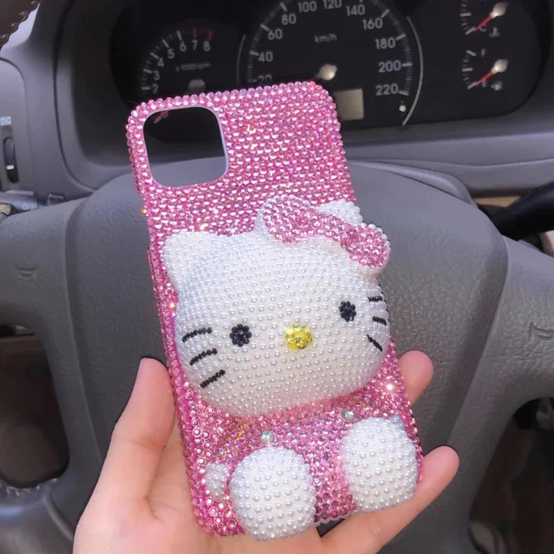Hello Kitty Rhinestone Bling Crystal Phone Case Chain For iPhone17 16 15 14 13 12 11Pro Max X Xs XR 7 8 Plus Transparent Bumper
