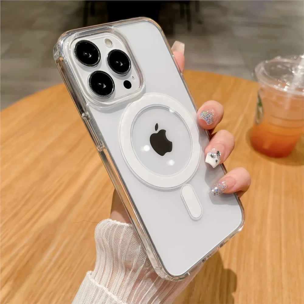 For Magsafe Magnetic Transparent Wireless Charge Case For iPhone 11 12 13 14 15 16 17 Air Pro Max Plus Mini Shockproof PC Cover
