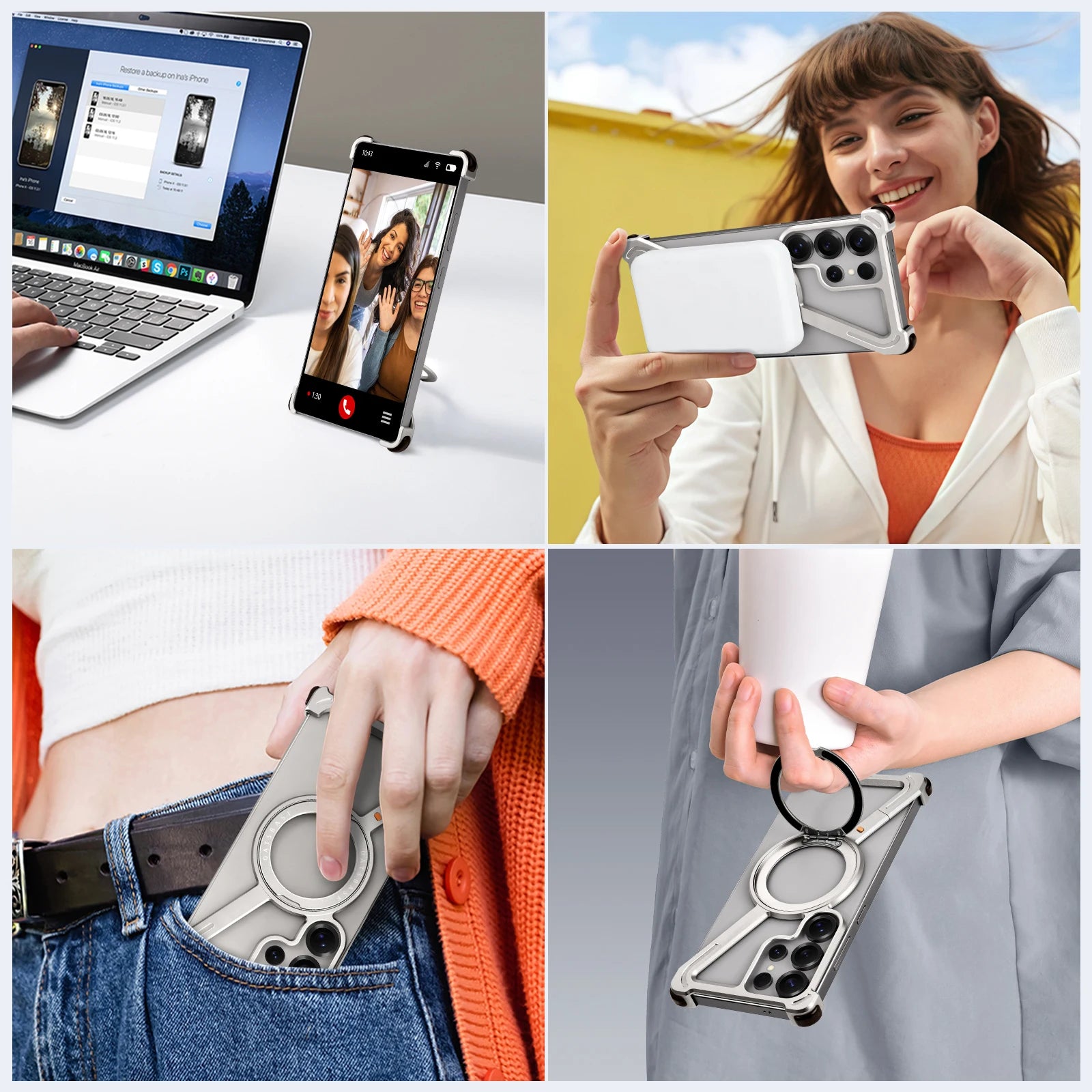 Eary Magnetic Frameless Phone Case For Samsung Galaxy S25 S24 Ultra With 360°Rotatable Stand Metal Protective Shockproof Bumper