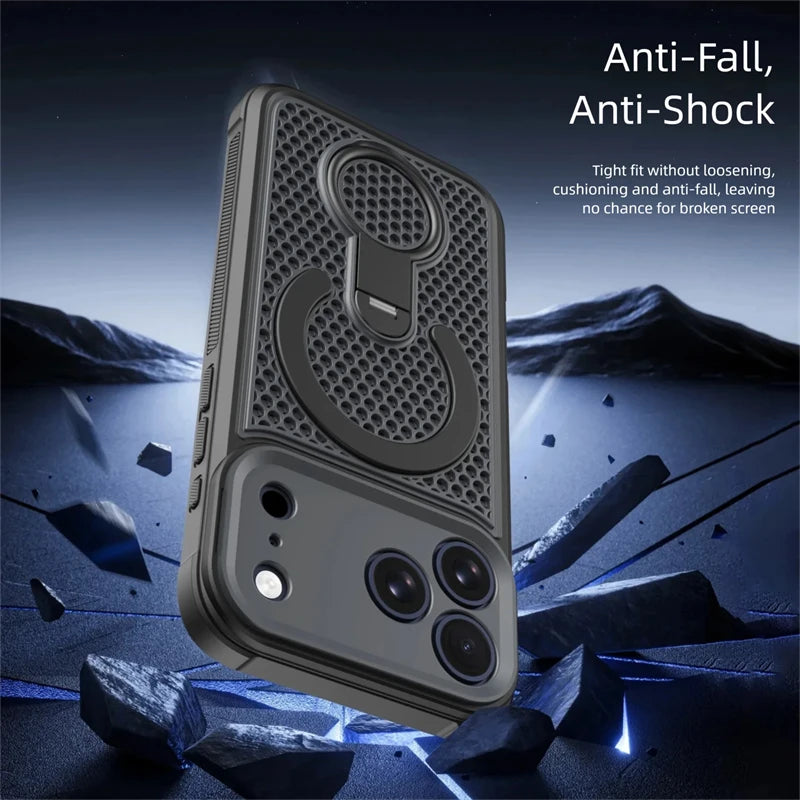 360° Rotating Ring Holder Magnetic Mesh Heat Dissipation Case for iPhone 16 15 14 13 12 11 17 Pro Max Air Plus For Magsafe Cover