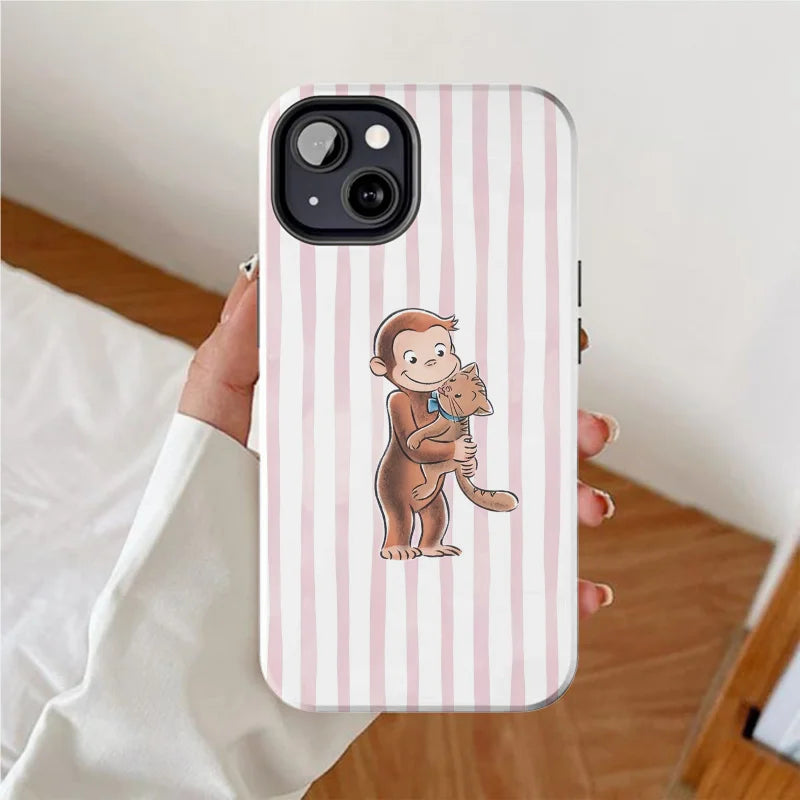 Cute striped monkey and kitten pattern Phone Case for iPhone17 17Air 16ProMax 16e 15 14 14 12mini 7Plus XR 2in1