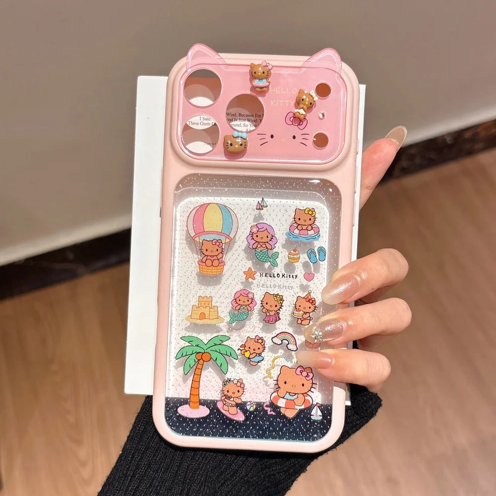Cute 3D Cat Ears Beach Hello Kittty Lens Protection Phone Case For iPhone 17 Pro Max 16 15 Pro Max Shockproof Hard Acrylic Cover