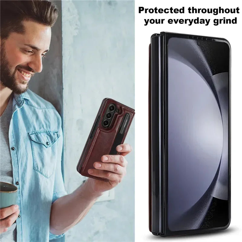Pen Slot Leather Wallet Card Phone Case for Samsung Galaxy Z Fold 7 6 5 4 3 Fold6 Fold5 Fold4 Fold3 Retor Flip Stand Cover Etui