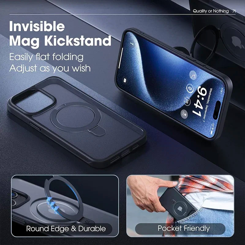 Metal Ring Stand Matte Magnetic Case for Magsafe IPhone Air 17 16 15 14 13 12 11 Pro Max Plus with Lens Protector Mac Safe Cover