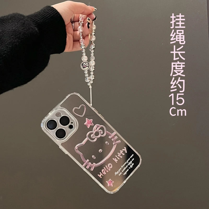 Cute Cartoon Sanrio Y2K Hello Kitty Silver Plating Phone Case For iPhone 16 15 14 13 12 11 Pro Max Cases Mirror Surface  Cover