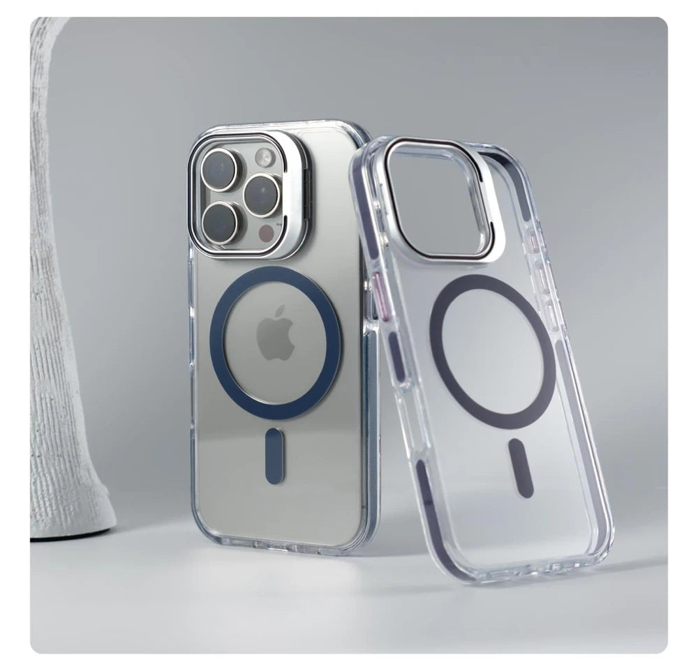 Luxury Magnetic Shockproof Clear Bumper Case for iPhone 17 Pro Max Air 16 15 14 13 12 Plus For Magsafe Lens Stand Magnetic Case