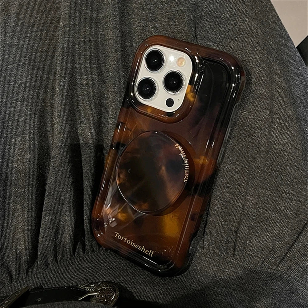 Luxury Amber Tortoiseshell Holder Case For iphone 17 16 Pro 15 14 11 12 13 Pro Max INS Korea Girl Soft Cover Stylish Shell