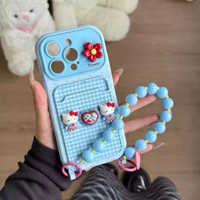 3D Toy Blue Hello Kitty Case for iPhone 17 Pro Max 16 15 Plus 14 Pro 13 12 11 Card Holder Cartoon Phone Cover With Bead Lanyard