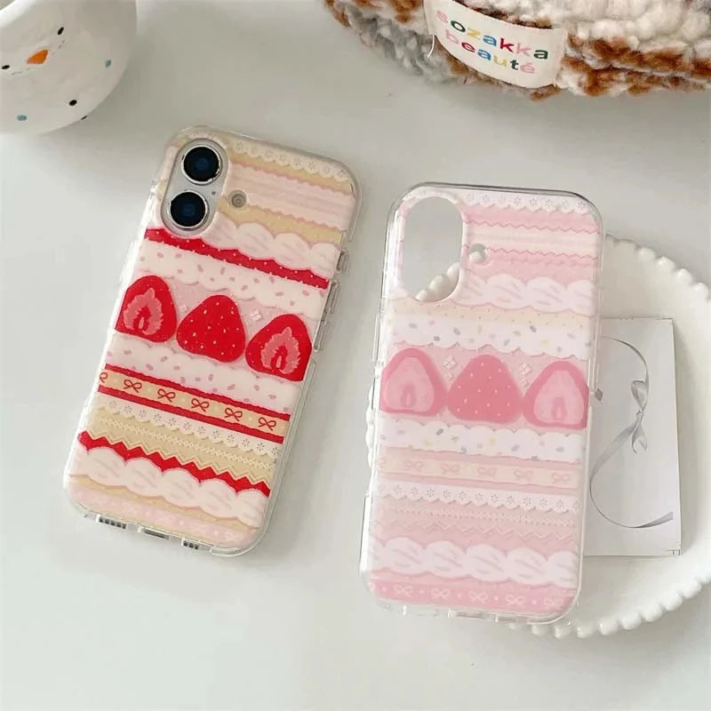Cream Strawberry Cake Lace Bowknot Phone Case For iPhone 17 16 15 14 13 12 11 Pro Max 16e 17 Air X XR XS Max 7 8 Plus Soft Cover